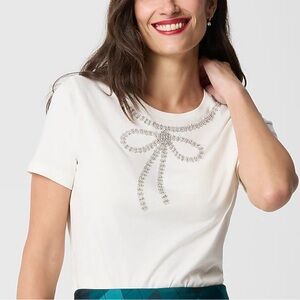 J. Crew Cream T-Shirt with Rhinestone Bow